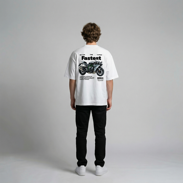 White Kawasaki Ninja H2R t-shirt full body back view showing large H2R back print | Durty Bikerz