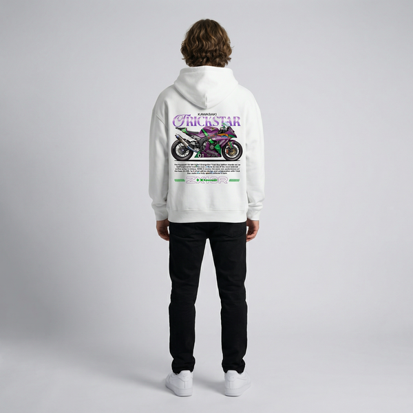 White Kawasaki ZX-10R Trickstar hoodie full body back view showing large ZX-10R back print | Durty Bikerz