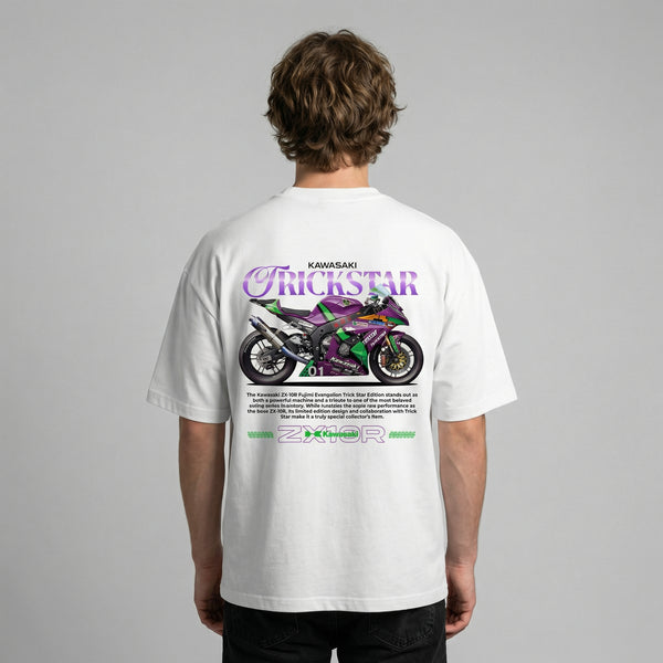 White Kawasaki ZX-10R Trickstar t-shirt full body back view showing large ZX-10R back print | Durty Bikerz