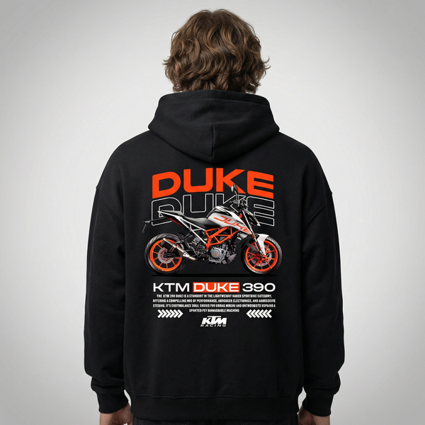 Black KTM Duke 390 hoodie back view with Duke 390 street bike graphic print | Durty Bikerz