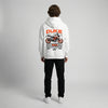 White KTM Duke 390 hoodie full body back view showing large Duke 390 back print | Durty Bikerz