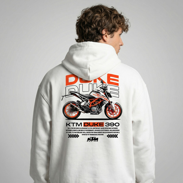 White KTM Duke 390 hoodie back view with Duke 390 street bike graphic print | Durty Bikerz