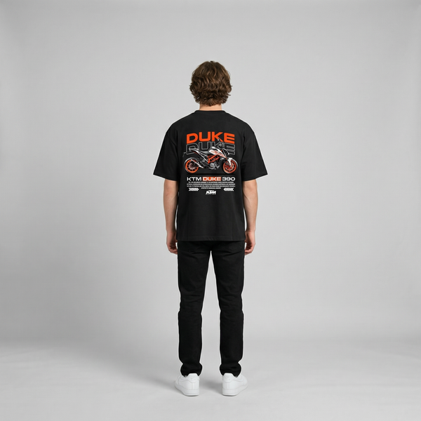 Black KTM Duke 390 t-shirt full body back view with large Duke 390 back print | Durty Bikerz