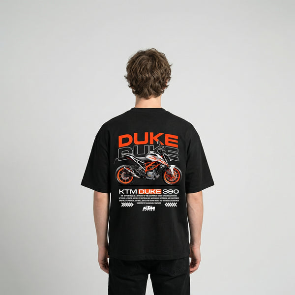 Black KTM Duke 390 t-shirt back view with Duke 390 street bike graphic print | Durty Bikerz