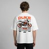 White KTM Duke 390 t-shirt back view with Duke 390 street bike graphic print | Durty Bikerz