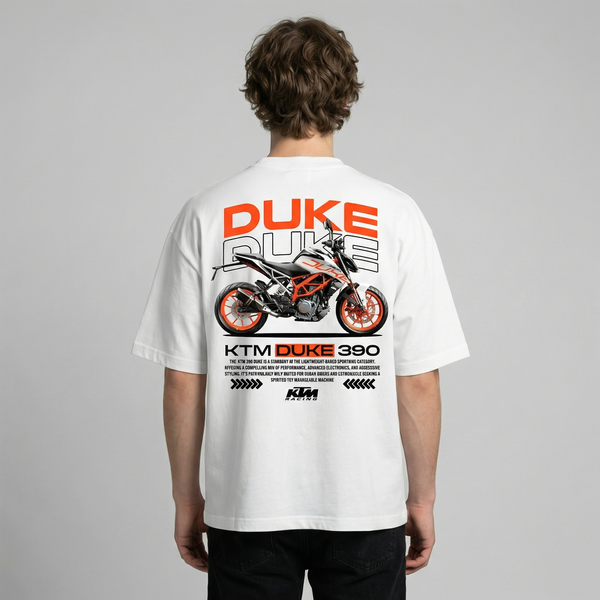 White KTM Duke 390 t-shirt back view with Duke 390 street bike graphic print | Durty Bikerz