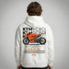 White KTM RC8C hoodie back view with RC8C track bike graphic print | Durty Bikerz