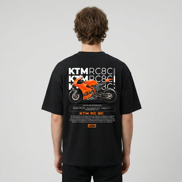 Black KTM RC8C t-shirt back view with RC8C track bike graphic print | Durty Bikerz