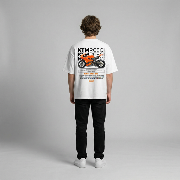 White KTM RC8C t-shirt full body back view showing large RC8C back print | Durty Bikerz