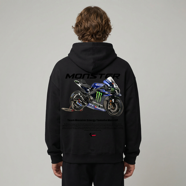 Black Monster Energy Yamaha MotoGP hoodie back view with MotoGP bike graphic print | Durty Bikerz