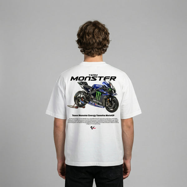 White Monster Energy Yamaha MotoGP t-shirt back view with MotoGP bike graphic print | Durty Bikerz