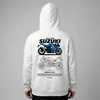 White Suzuki GSX-R 1000 hoodie back view with GSX-R 1000 motorcycle graphic print | Durty Bikerz