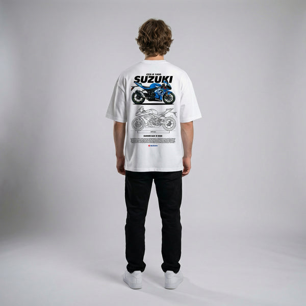 White Suzuki GSX-R 1000 t-shirt full body back view showing large GSX-R 1000 back print | Durty Bikerz