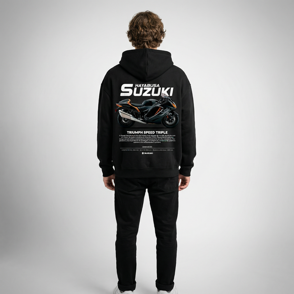 Black Suzuki Hayabusa hoodie full body back view with large Hayabusa back print | Durty Bikerz