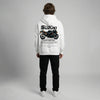 White Suzuki Hayabusa hoodie full body back view showing large Hayabusa back print | Durty Bikerz
