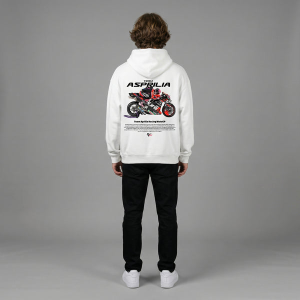 White Team Aprilia Racing MotoGP hoodie full body back view showing large MotoGP back print | Durty Bikerz