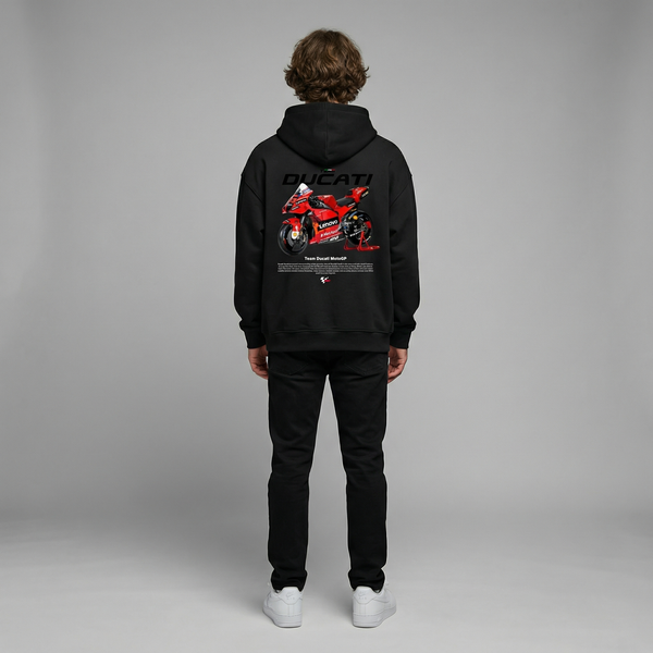 Black Team Ducati MotoGP hoodie full body back view with large MotoGP back print | Durty Bikerz