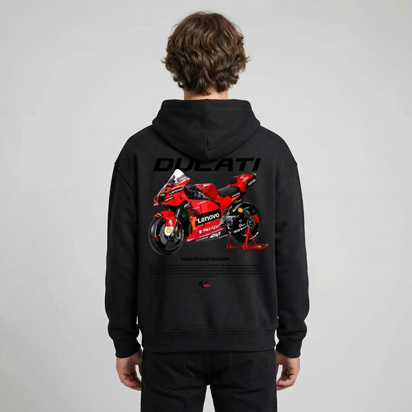 Black Team Ducati MotoGP hoodie back view with Ducati MotoGP race bike graphic print | Durty Bikerz
