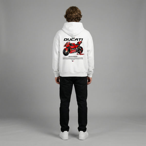 White Team Ducati MotoGP hoodie full body back view showing large MotoGP back print | Durty Bikerz