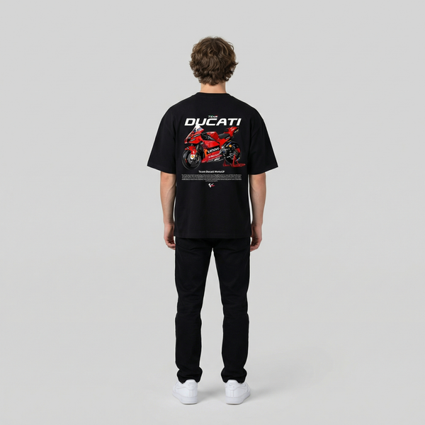 Black Team Ducati MotoGP t-shirt back view with Ducati MotoGP race bike graphic print | Durty Bikerz