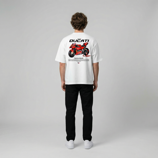 White Team Ducati MotoGP t-shirt full body back view showing large MotoGP back print | Durty Bikerz