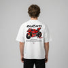White Team Ducati MotoGP t-shirt back view with Ducati MotoGP race bike graphic print | Durty Bikerz