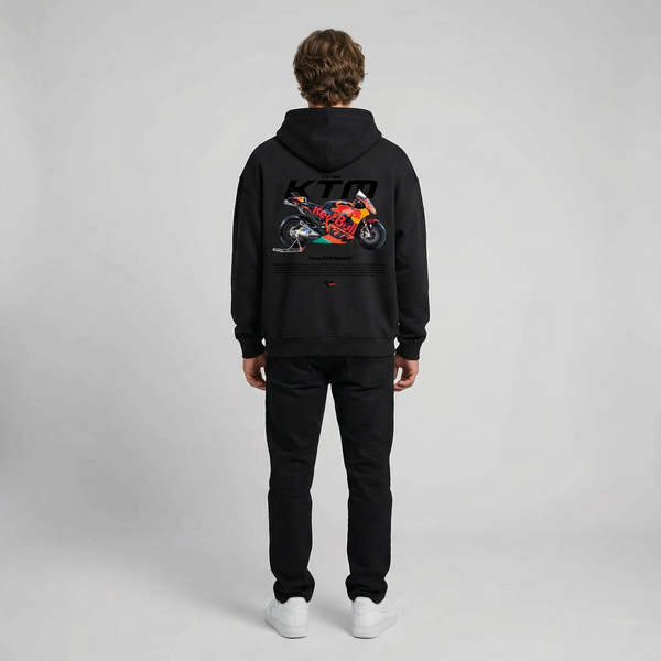 Black Team KTM MotoGP hoodie back view with KTM MotoGP race bike graphic print | Durty Bikerz