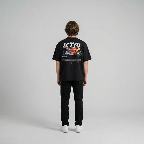 Black Team KTM MotoGP t-shirt full body back view with large MotoGP back print | Durty Bikerz