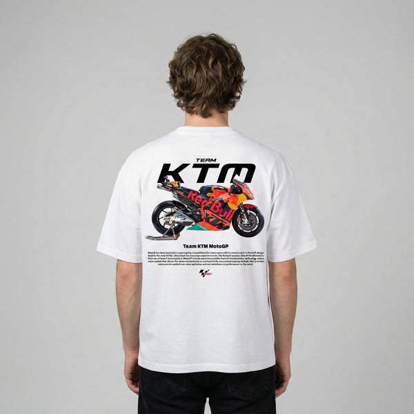 White Team KTM MotoGP t-shirt back view with KTM MotoGP race bike graphic print | Durty Bikerz