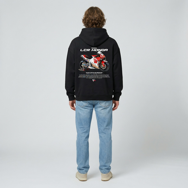 Black Team LCR Honda MotoGP hoodie full body back view with large MotoGP back print | Durty Bikerz