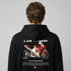 Black Team LCR Honda MotoGP hoodie back view with LCR Honda race bike graphic print | Durty Bikerz