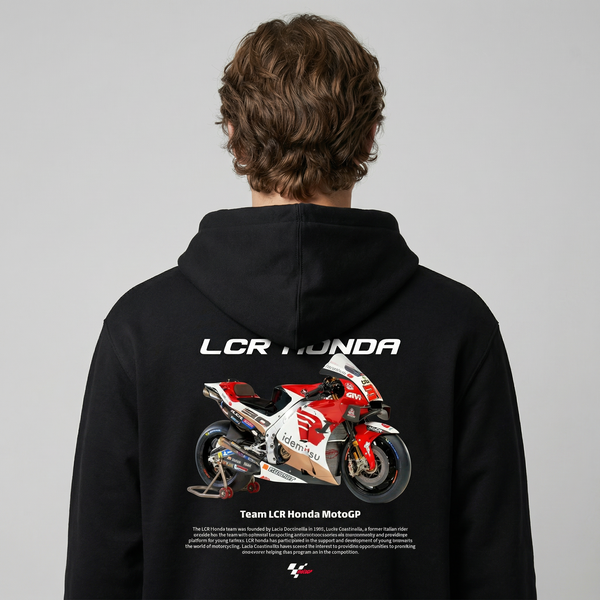 Black Team LCR Honda MotoGP hoodie back view with LCR Honda race bike graphic print | Durty Bikerz