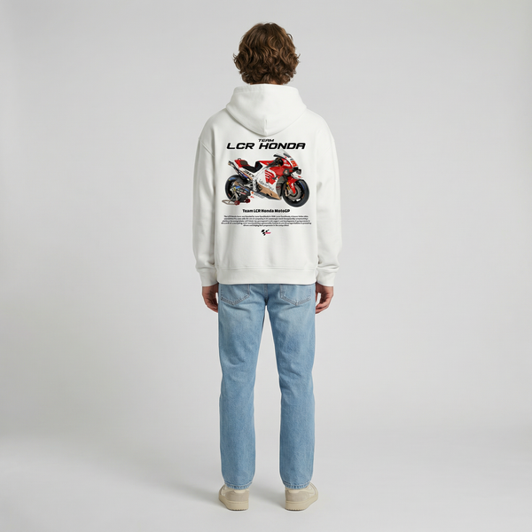 White Team LCR Honda MotoGP hoodie full body back view showing large MotoGP back print | Durty Bikerz