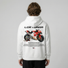 White Team LCR Honda MotoGP hoodie back view with LCR Honda race bike graphic print | Durty Bikerz