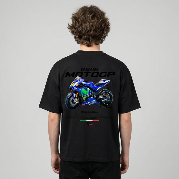 Black Valentino Rossi MotoGP t-shirt back view with Yamaha MotoGP bike graphic print | Durty Bikerz