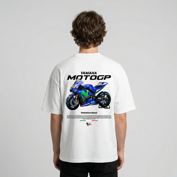 White Valentino Rossi MotoGP t-shirt back view with Yamaha MotoGP bike graphic print | Durty Bikerz