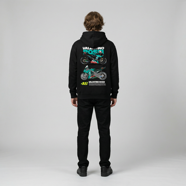 Black Valentino Rossi Petronas hoodie full body back view with large racing back print | Durty Bikerz
