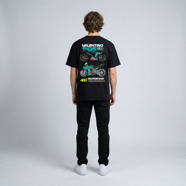 Black Valentino Rossi Petronas t-shirt full body back view with large racing back print | Durty Bikerz