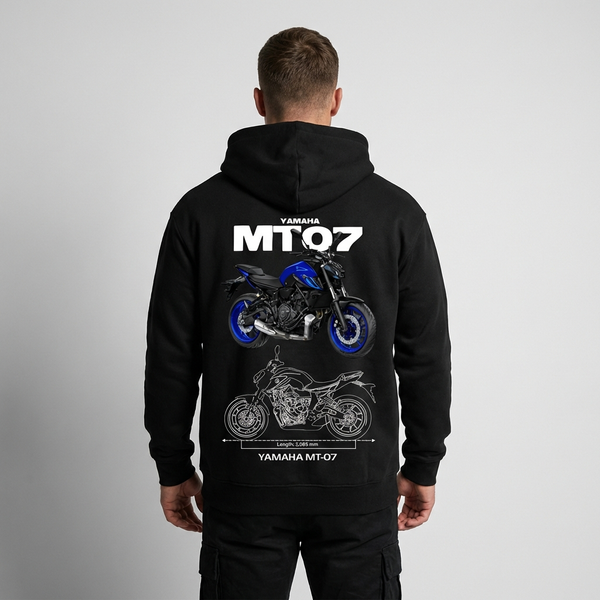 Black Yamaha MT-07 hoodie back view with MT-07 motorcycle graphic print | Durty Bikerz