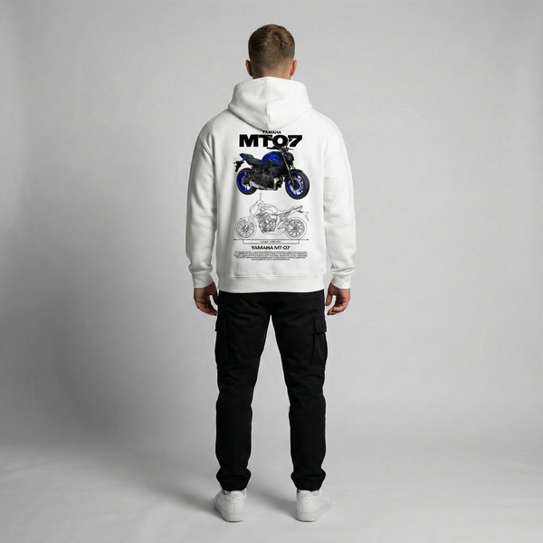 White Yamaha MT-07 hoodie full body back view showing large MT-07 back print | Durty Bikerz