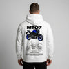 White Yamaha MT-07 hoodie back view with MT-07 motorcycle graphic print | Durty Bikerz