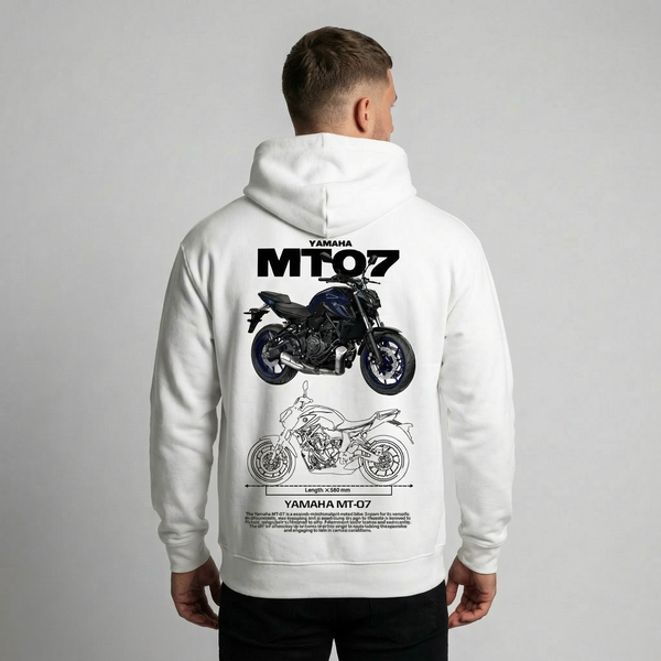 White Yamaha MT-07 hoodie back view with MT-07 motorcycle graphic print | Durty Bikerz