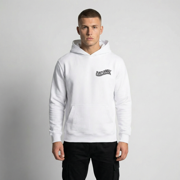 White Yamaha MT-07 hoodie front view with Durty Bikerz chest logo