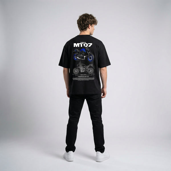 Black Yamaha MT-07 t-shirt full body back view with large MT-07 back print | Durty Bikerz