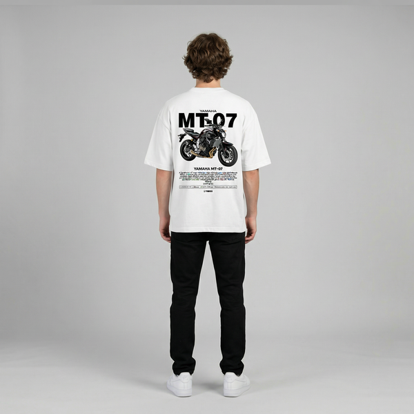 White Yamaha MT-07 t-shirt full body back view showing large MT-07 back print | Durty Bikerz