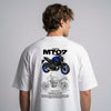 White Yamaha MT-07 t-shirt back view with MT-07 motorcycle graphic print | Durty Bikerz