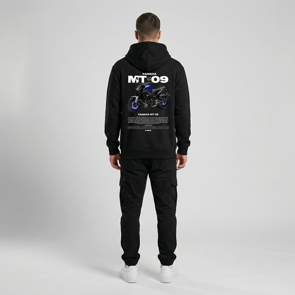 Black Yamaha MT-09 hoodie full body back view with large MT-09 back print | Durty Bikerz
