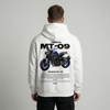 White Yamaha MT-09 hoodie back view with MT-09 motorcycle graphic print | Durty Bikerz