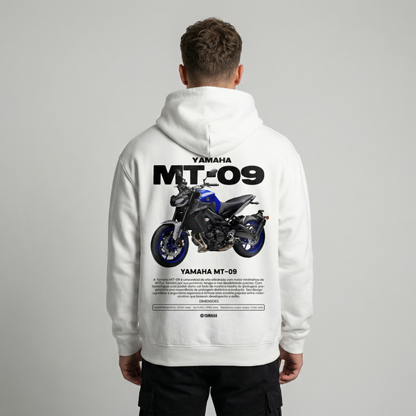 White Yamaha MT-09 hoodie back view with MT-09 motorcycle graphic print | Durty Bikerz