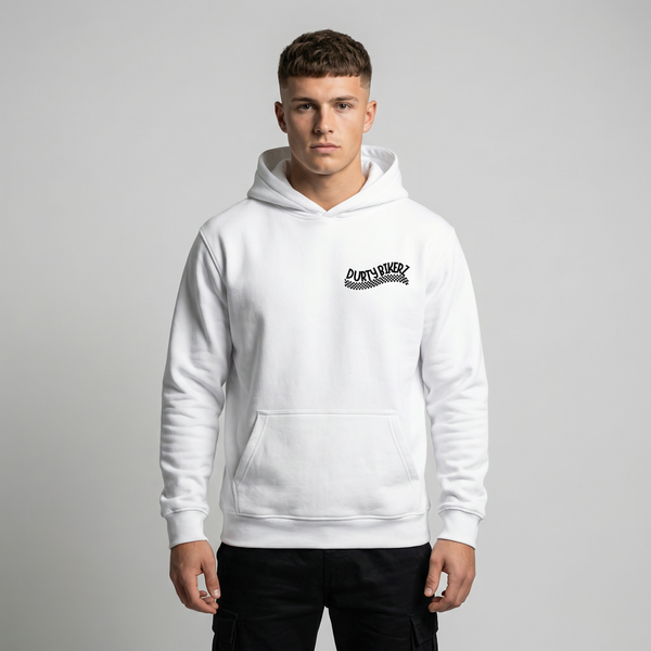 White Yamaha MT-09 hoodie front view with Durty Bikerz chest logo